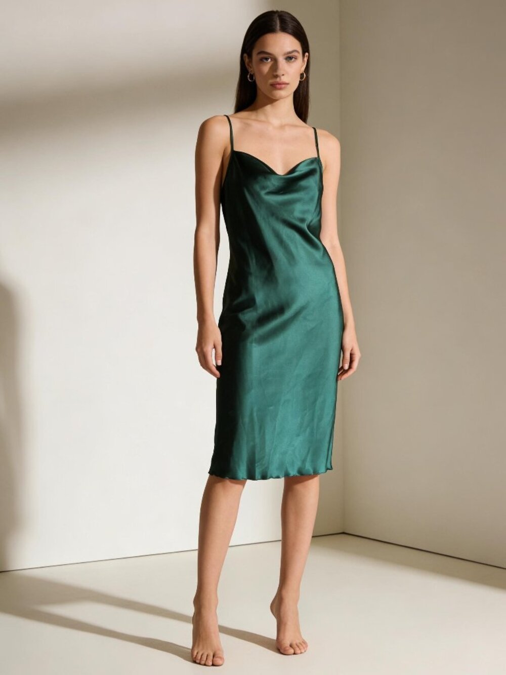 BEBE Dress Green Sateen Cowl Neck Adjustable Spaghetti Strap Slip MEDIUM  S